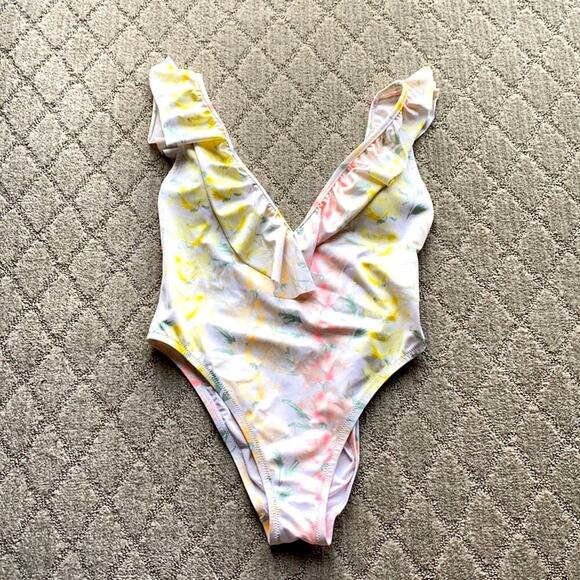 PINK White Shine Floral Ruffle Deep V swimsuit summer vacation beach - Picture 2 of 6